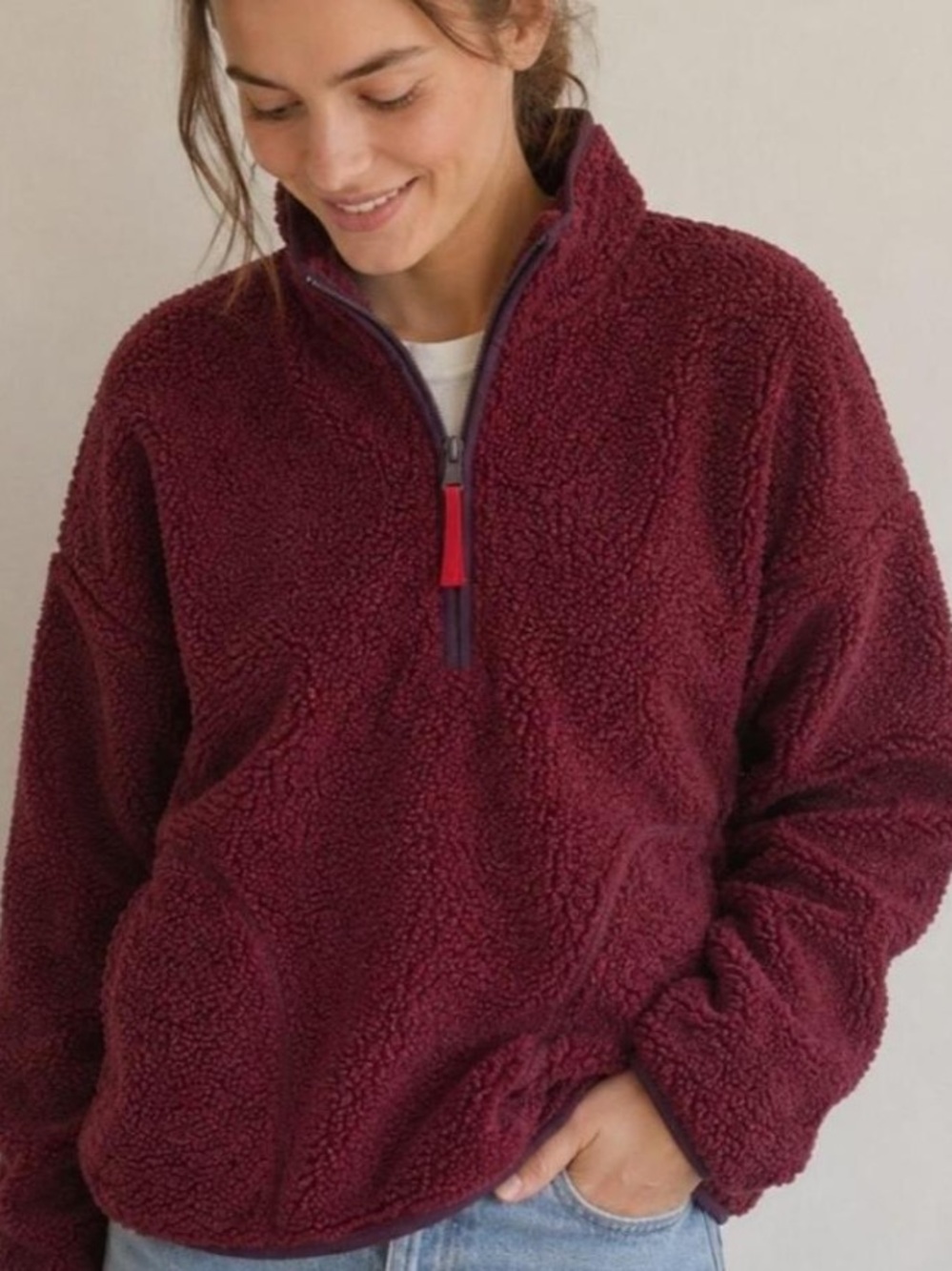 Old Navy Women's Teddy Half-Zip Jacket in Deep Burgundy